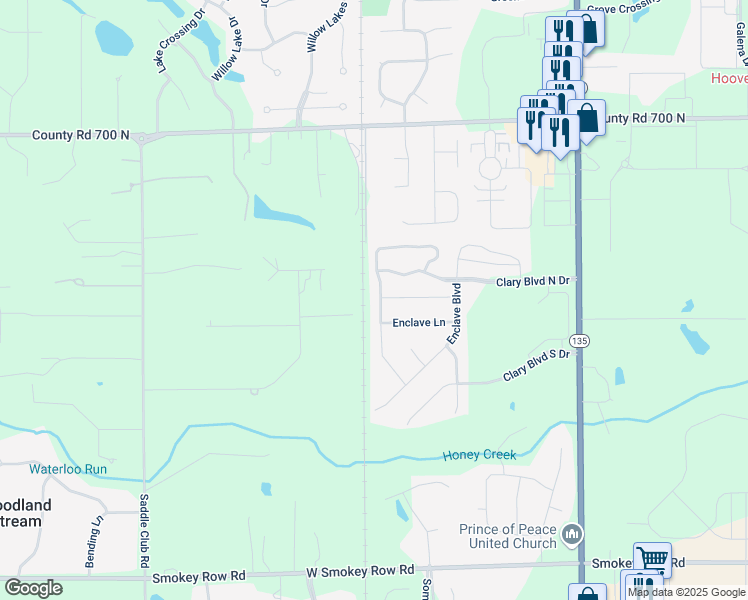 map of restaurants, bars, coffee shops, grocery stores, and more near 6598 Clary Circle Drive in Greenwood