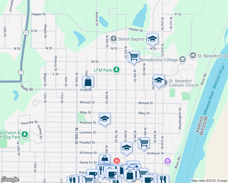 map of restaurants, bars, coffee shops, grocery stores, and more near 1022 North 8th Street in Atchison