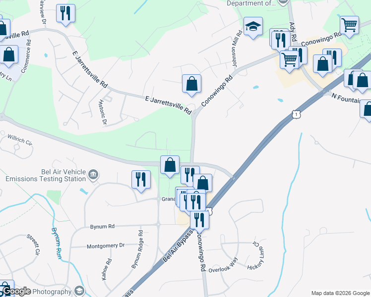 map of restaurants, bars, coffee shops, grocery stores, and more near 1702 Conowingo Road in Bel Air