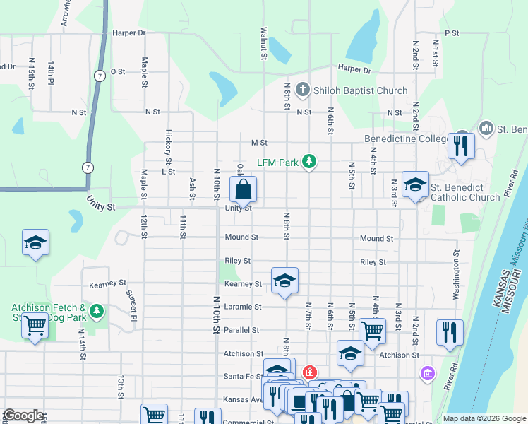 map of restaurants, bars, coffee shops, grocery stores, and more near 800-856 Division Street in Atchison
