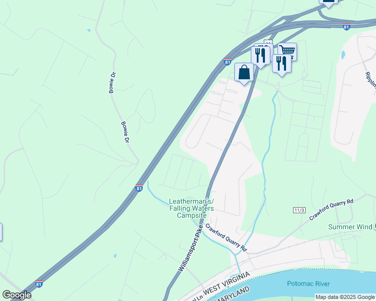 map of restaurants, bars, coffee shops, grocery stores, and more near 364 Brandenburg Drive in Falling Waters