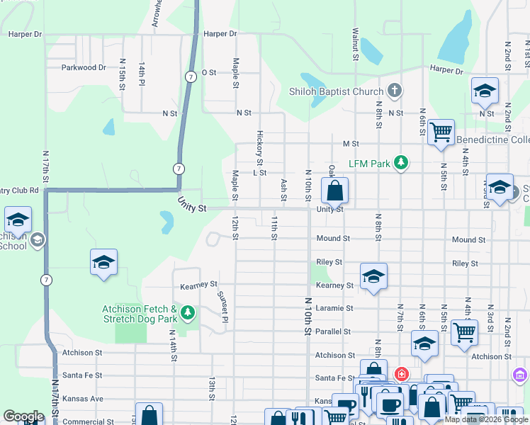map of restaurants, bars, coffee shops, grocery stores, and more near 1110 Division Street in Atchison