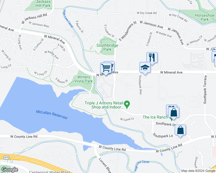map of restaurants, bars, coffee shops, grocery stores, and more near 1652 West Canal Circle in Littleton