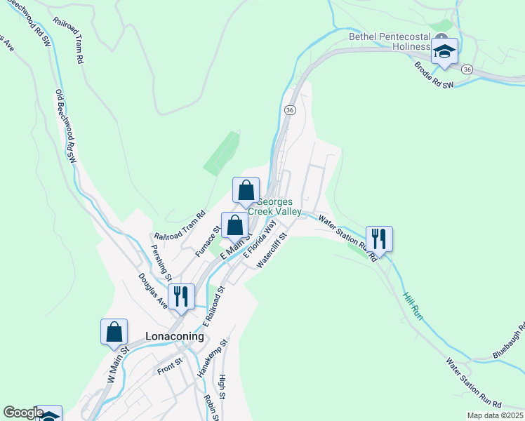 map of restaurants, bars, coffee shops, grocery stores, and more near 82 East Main Street in Lonaconing