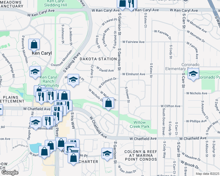 map of restaurants, bars, coffee shops, grocery stores, and more near 9345 West Friend Drive in Littleton