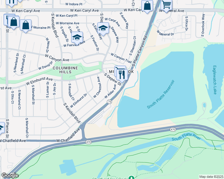 map of restaurants, bars, coffee shops, grocery stores, and more near 5679 West Alder Way in Littleton