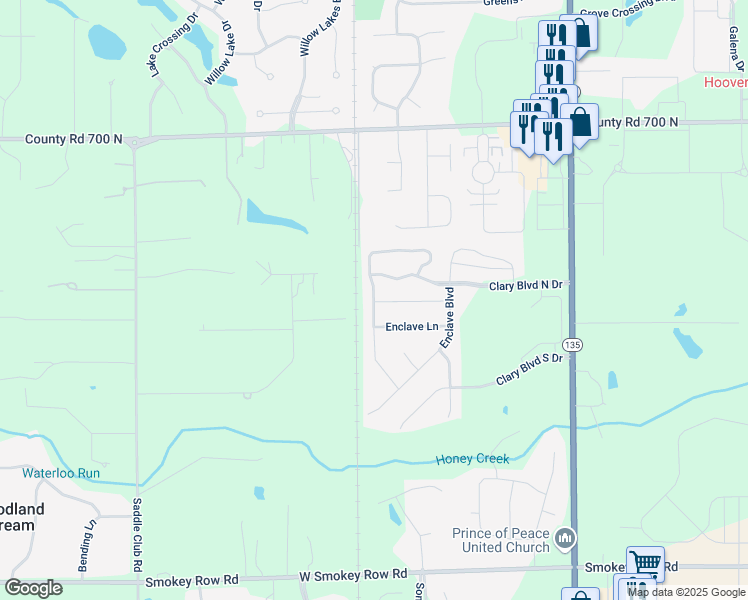 map of restaurants, bars, coffee shops, grocery stores, and more near 6780 Clary Circle Drive in Greenwood