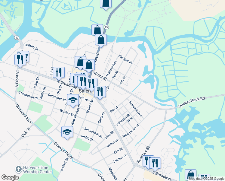 map of restaurants, bars, coffee shops, grocery stores, and more near 127-1/2 Grant Street in Salem