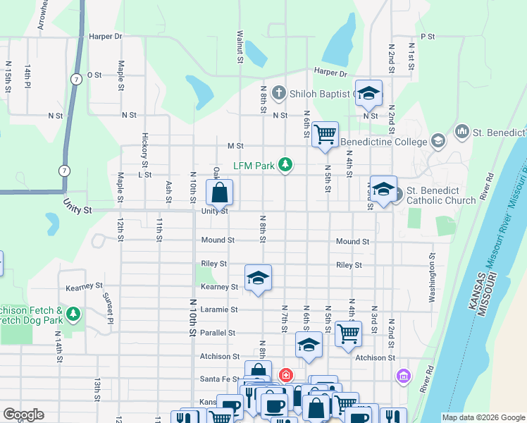map of restaurants, bars, coffee shops, grocery stores, and more near 800 Unity Street in Atchison