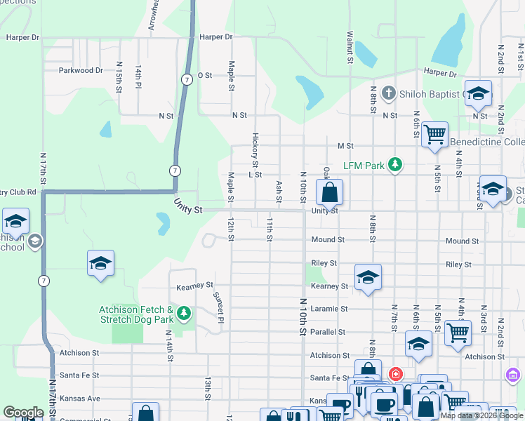 map of restaurants, bars, coffee shops, grocery stores, and more near 1110 Division Street in Atchison