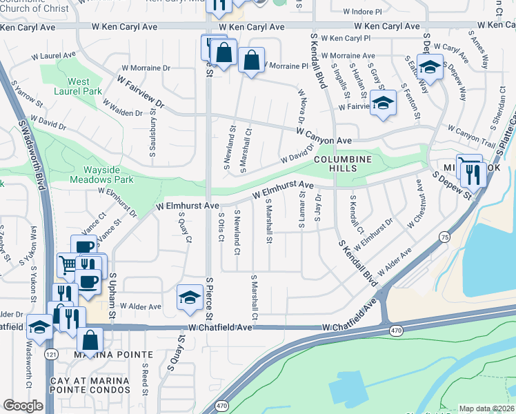 map of restaurants, bars, coffee shops, grocery stores, and more near 7981 South Marshall Court in Littleton