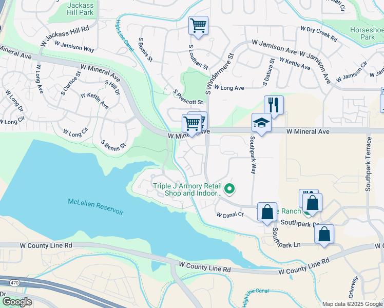 map of restaurants, bars, coffee shops, grocery stores, and more near 1652 West Canal Circle in Littleton