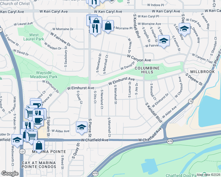 map of restaurants, bars, coffee shops, grocery stores, and more near 7981 South Marshall Court in Littleton