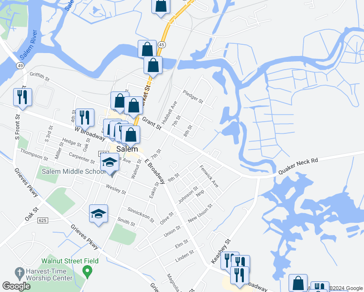 map of restaurants, bars, coffee shops, grocery stores, and more near 155 Grant Street in Salem