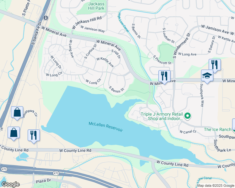 map of restaurants, bars, coffee shops, grocery stores, and more near 7961 South Bemis Street in Littleton