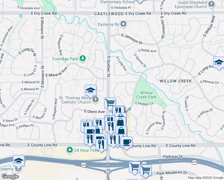 map of restaurants, bars, coffee shops, grocery stores, and more near 7981 South Quince Way in Centennial