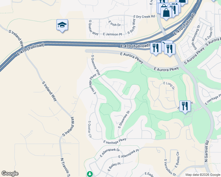 map of restaurants, bars, coffee shops, grocery stores, and more near 7999 South Quemoy Way in Aurora