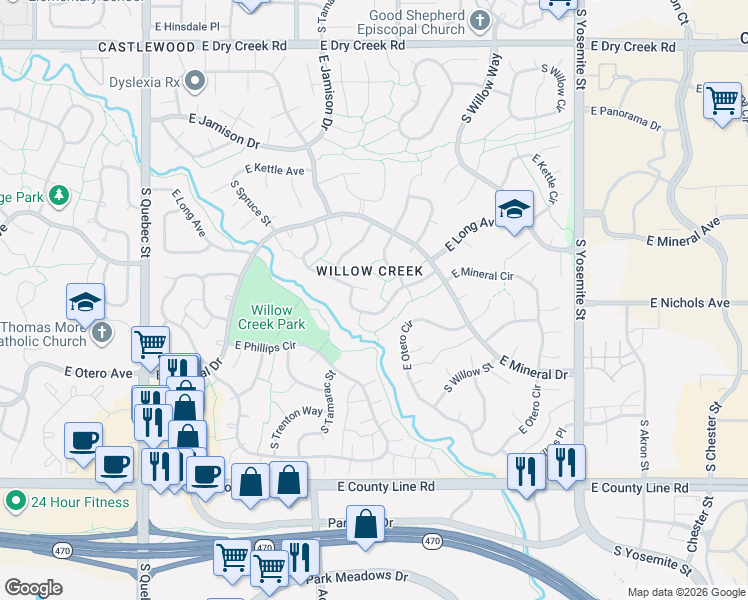 map of restaurants, bars, coffee shops, grocery stores, and more near 7970 South Vincennes Way in Centennial