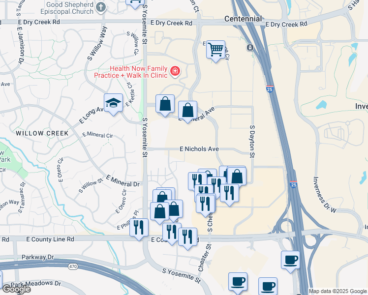 map of restaurants, bars, coffee shops, grocery stores, and more near 9155 East Nichols Avenue in Centennial