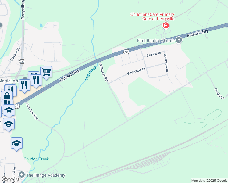 map of restaurants, bars, coffee shops, grocery stores, and more near 152 Millcreek Lane in Perryville