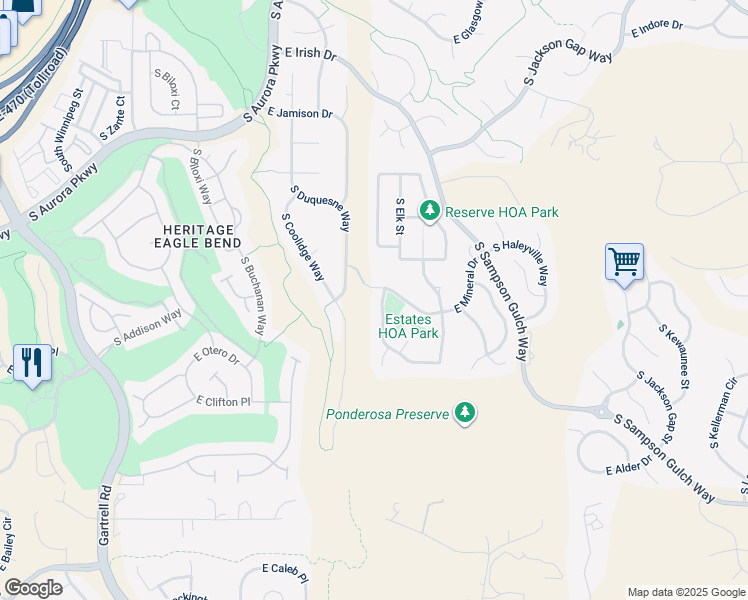 map of restaurants, bars, coffee shops, grocery stores, and more near 7988 South Elk Way in Aurora