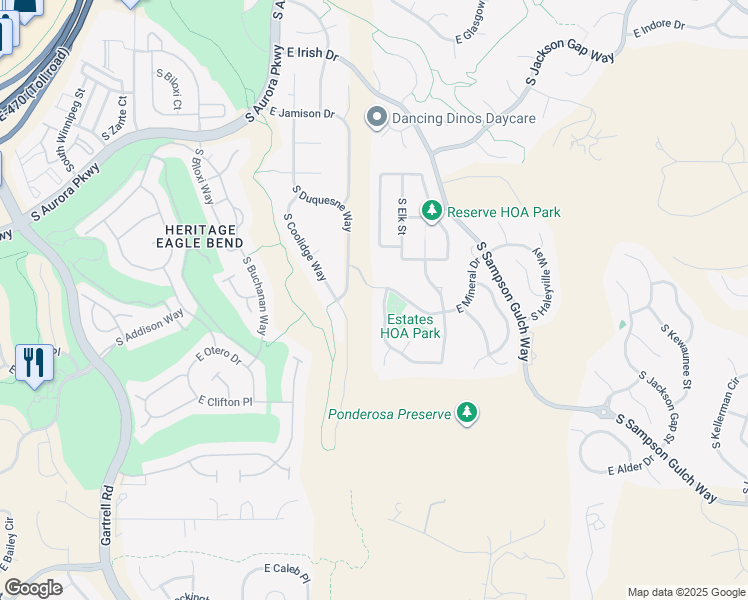 map of restaurants, bars, coffee shops, grocery stores, and more near 7988 South Elk Way in Aurora