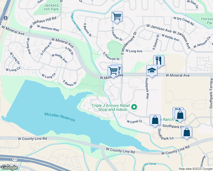 map of restaurants, bars, coffee shops, grocery stores, and more near 1641 West Canal Circle in Littleton