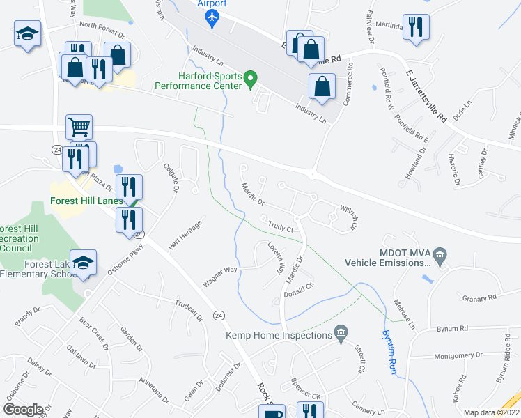 map of restaurants, bars, coffee shops, grocery stores, and more near 2040 Mardic Drive in Forest Hill