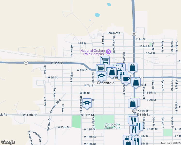 map of restaurants, bars, coffee shops, grocery stores, and more near Cedar Street in Concordia