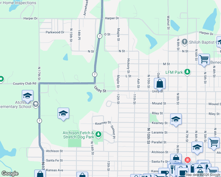map of restaurants, bars, coffee shops, grocery stores, and more near 1052-1150 North 13th Street in Atchison