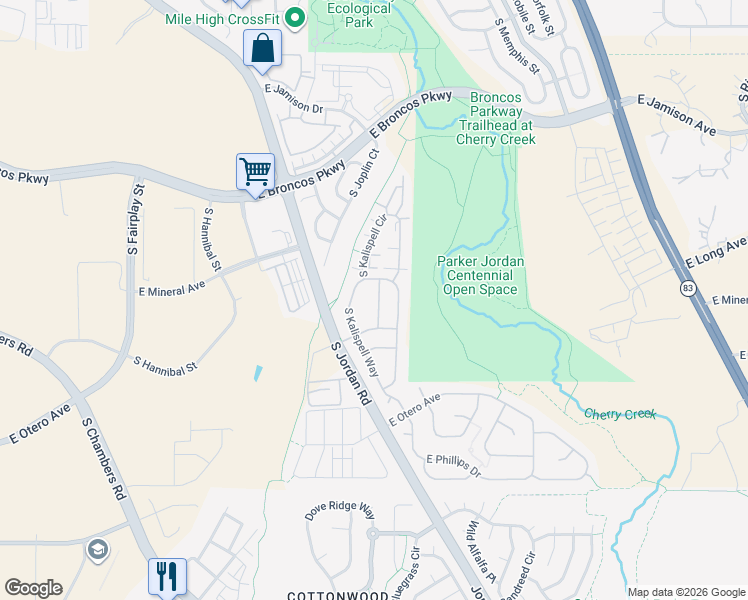 map of restaurants, bars, coffee shops, grocery stores, and more near 7890 South Kalispell Circle in Englewood