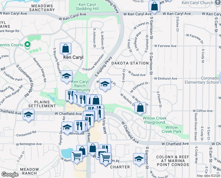map of restaurants, bars, coffee shops, grocery stores, and more near 9664 West Elmhurst Place in Littleton