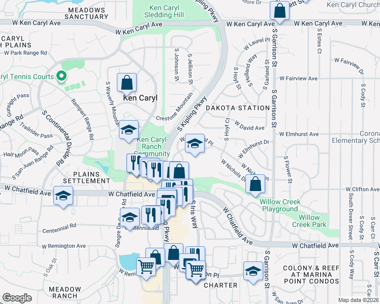 map of restaurants, bars, coffee shops, grocery stores, and more near 9774 West Elmhurst Place in Littleton