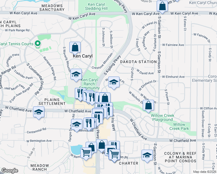 map of restaurants, bars, coffee shops, grocery stores, and more near 9774 West Elmhurst Place in Littleton