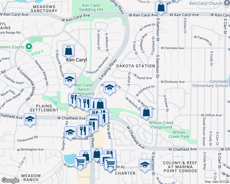 map of restaurants, bars, coffee shops, grocery stores, and more near 9664 West Elmhurst Place in Littleton