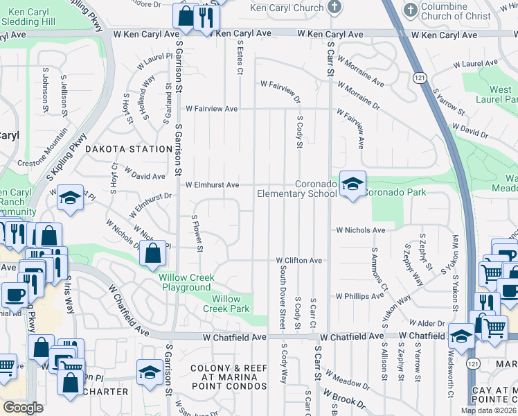 map of restaurants, bars, coffee shops, grocery stores, and more near 7960 South Estes Street in Littleton