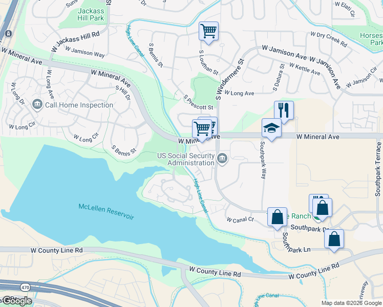 map of restaurants, bars, coffee shops, grocery stores, and more near 1641 West Canal Circle in Littleton