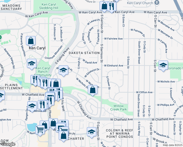 map of restaurants, bars, coffee shops, grocery stores, and more near 7922 South Garrison Way in Littleton