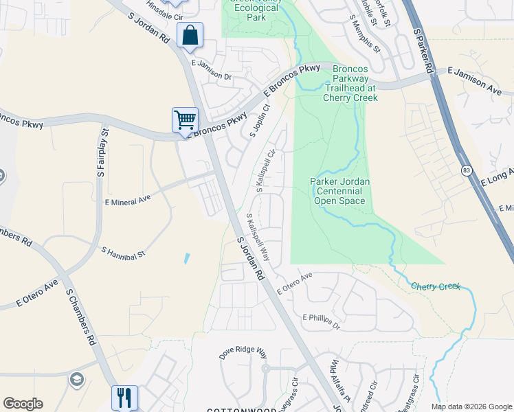 map of restaurants, bars, coffee shops, grocery stores, and more near 7890 South Kalispell Circle in Englewood