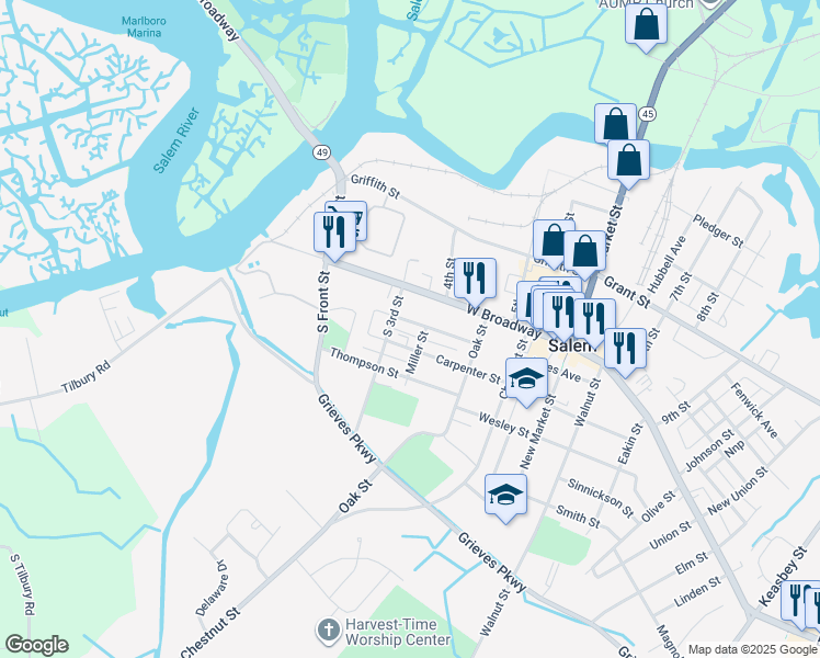 map of restaurants, bars, coffee shops, grocery stores, and more near 5 South 3rd Street in Salem