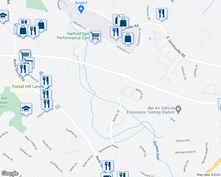 map of restaurants, bars, coffee shops, grocery stores, and more near 2011 Mardic Drive in Forest Hill