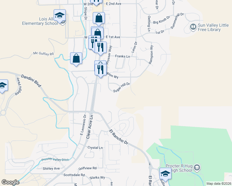 map of restaurants, bars, coffee shops, grocery stores, and more near 285 Sugar Hill Drive in Sun Valley