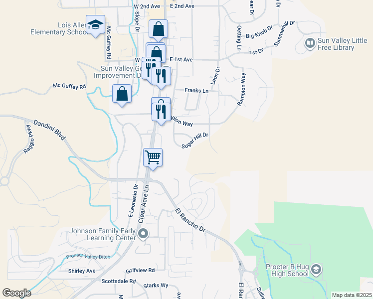 map of restaurants, bars, coffee shops, grocery stores, and more near 145 Lofty View Drive in Sun Valley