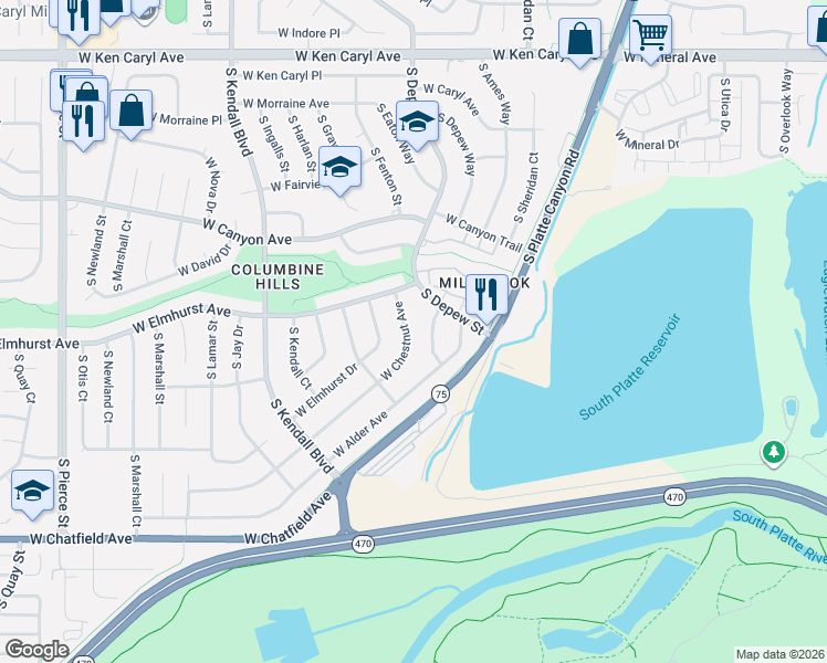 map of restaurants, bars, coffee shops, grocery stores, and more near 5609 West Alder Way in Littleton