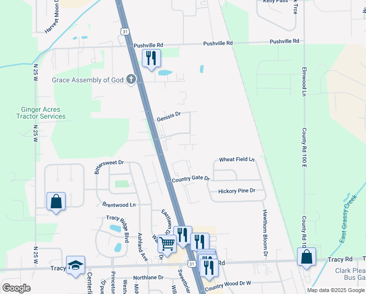 map of restaurants, bars, coffee shops, grocery stores, and more near 541 Rickels Court in Whiteland