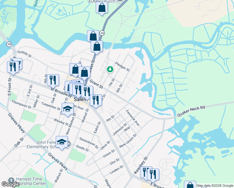 map of restaurants, bars, coffee shops, grocery stores, and more near 115 8th Street in Salem