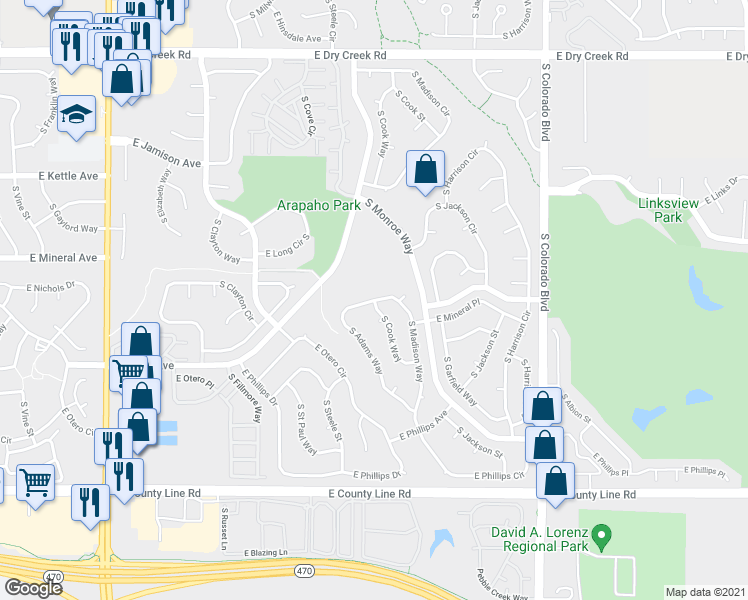 map of restaurants, bars, coffee shops, grocery stores, and more near 7522 South Madison Way in Centennial