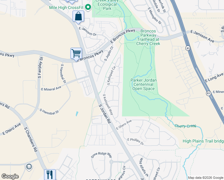 map of restaurants, bars, coffee shops, grocery stores, and more near 7890 South Kalispell Circle in Englewood