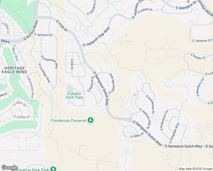 map of restaurants, bars, coffee shops, grocery stores, and more near 7900 South Grand Baker Street in Aurora