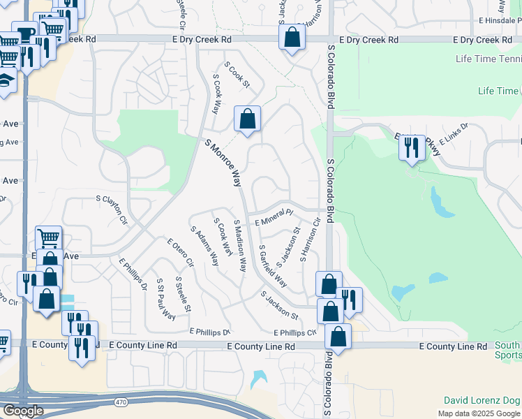 map of restaurants, bars, coffee shops, grocery stores, and more near 7894 South Garfield Way in Centennial